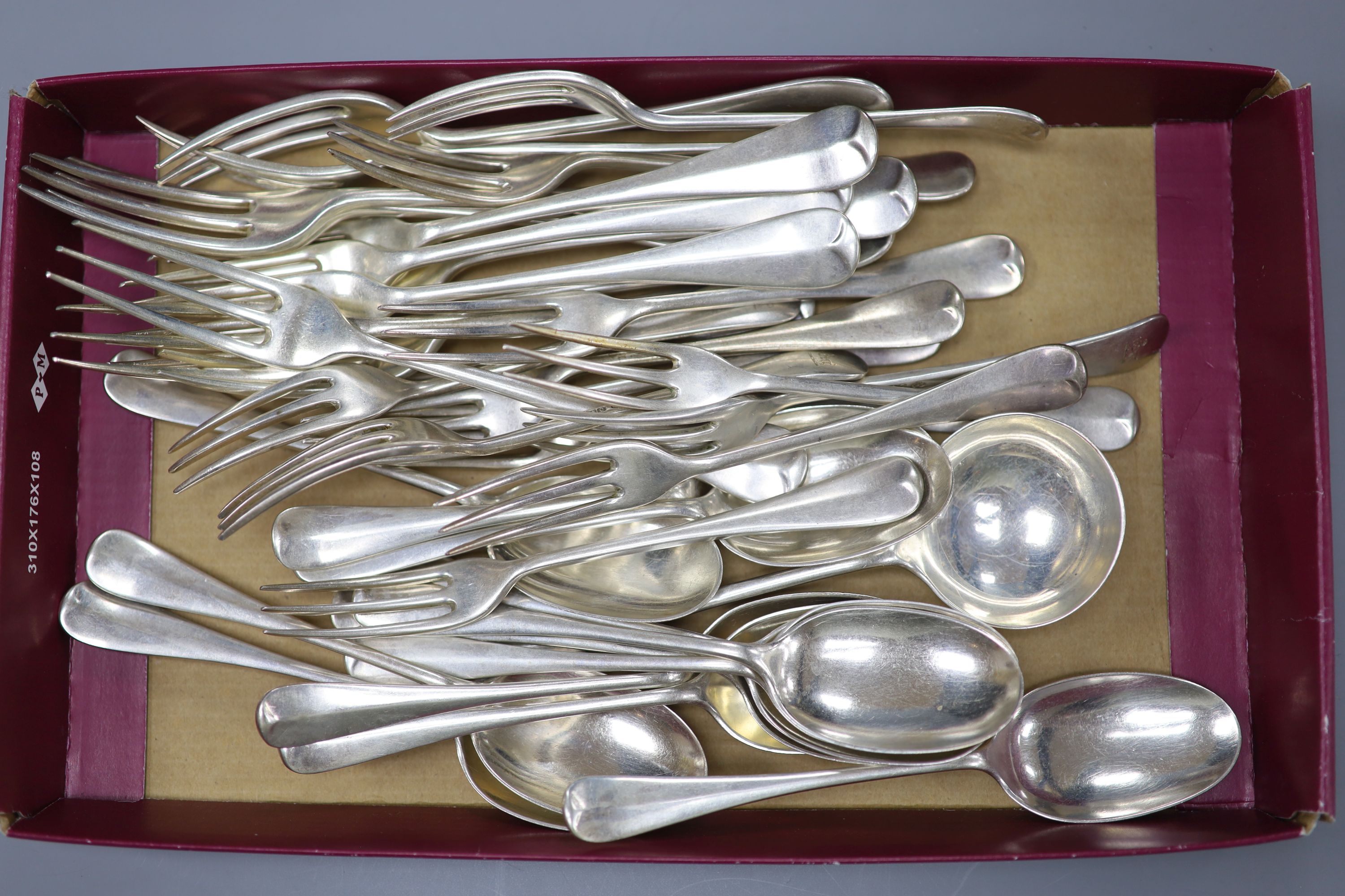 A George V part canteen of silver Hanovarian pattern flatware by William Hutton & Sons